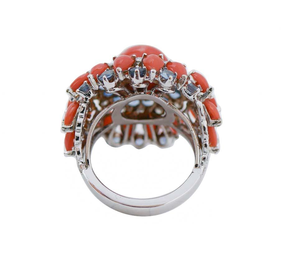 Retro Coral, Sapphires, Diamonds, 14 Karat White Gold Ring.