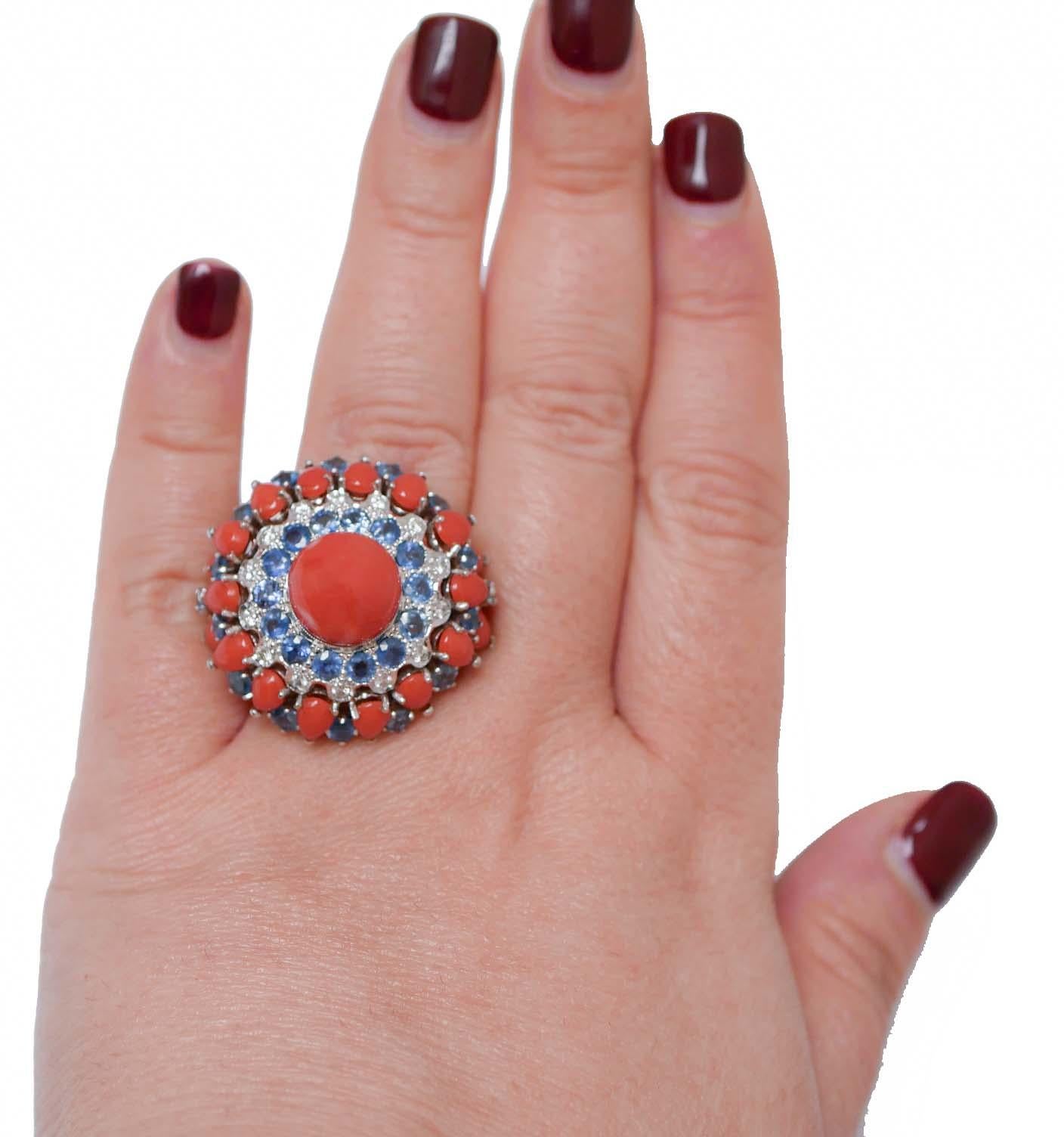 Mixed Cut Coral, Sapphires, Diamonds, 14 Karat White Gold Ring.