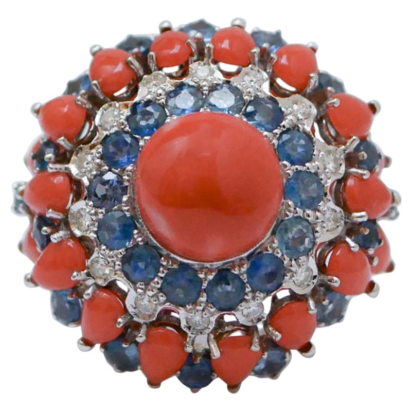 Coral, Sapphires, Diamonds, 14 Karat White Gold Ring. For Sale