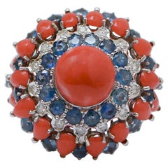 Coral, Sapphires, Diamonds, 14 Karat White Gold Ring.