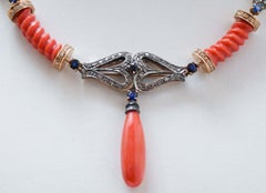 Coral, Sapphires, Diamonds, 14 Kt Rose Gold and Silver Necklace.