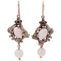Coral, Sapphires, Diamonds, 9 Karat Rose Gold and Silver Dangle Earrings