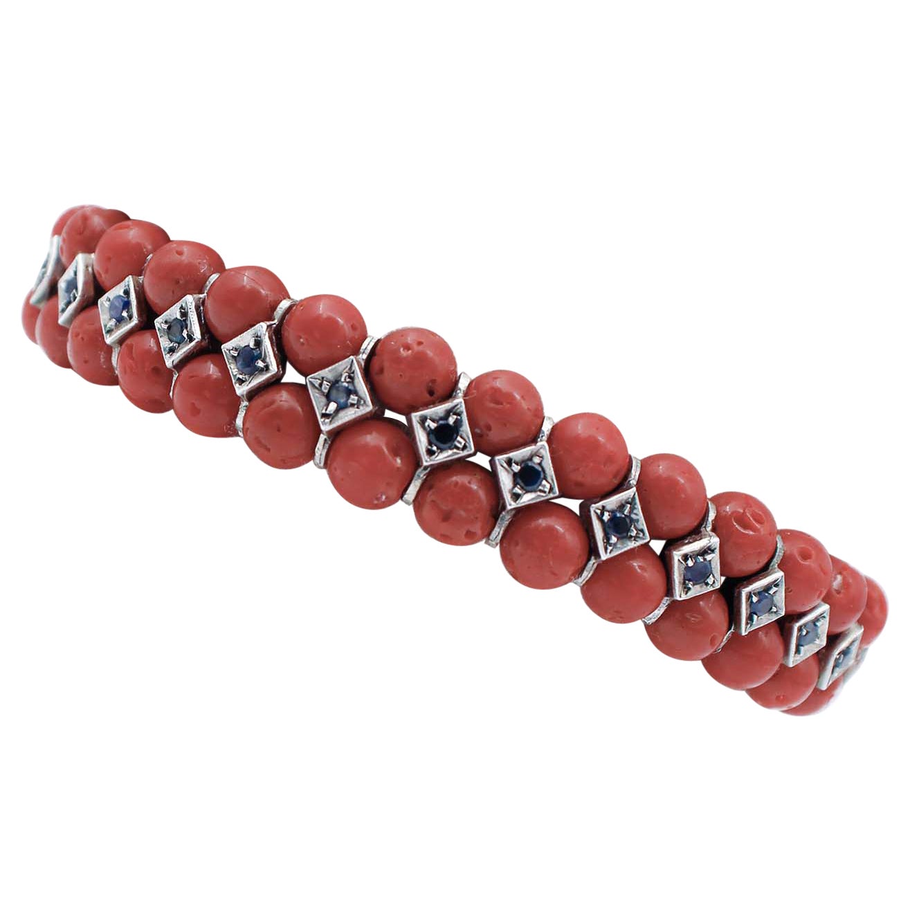 Bracciale Retrò in corallo, zaffiri, diamanti, oro rosa 9 carati e argento