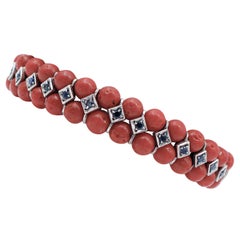 Koralle, Saphire, Diamanten, Retrò-Armband aus 9 Karat Roségold und Silber