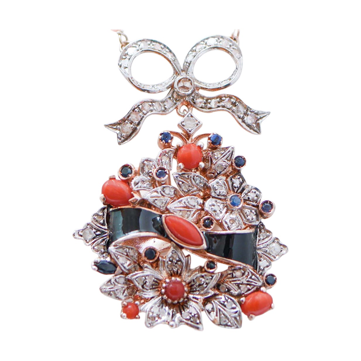 Coral, Sapphires, Diamonds, Enamel, Rose Gold and Silver Pendant Necklace.