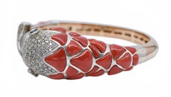 Coral, Sapphires, Diamonds, Pearl, 14 Kt Rose Gold and Silver Fish  Bracelet