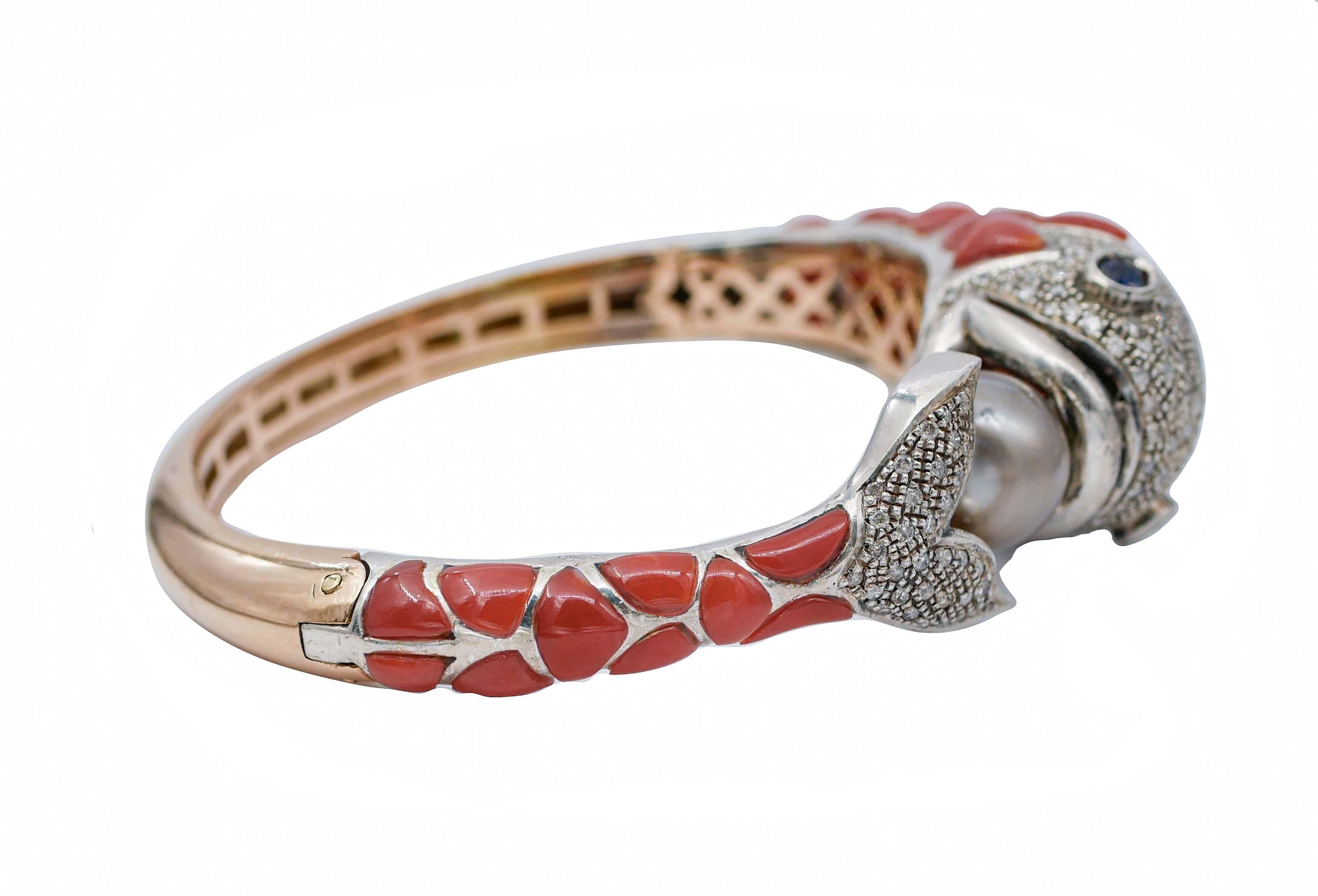 Retro Coral, Sapphires, Diamonds, Pearl, 14 Kt Rose Gold and Silver Fish  Bracelet For Sale
