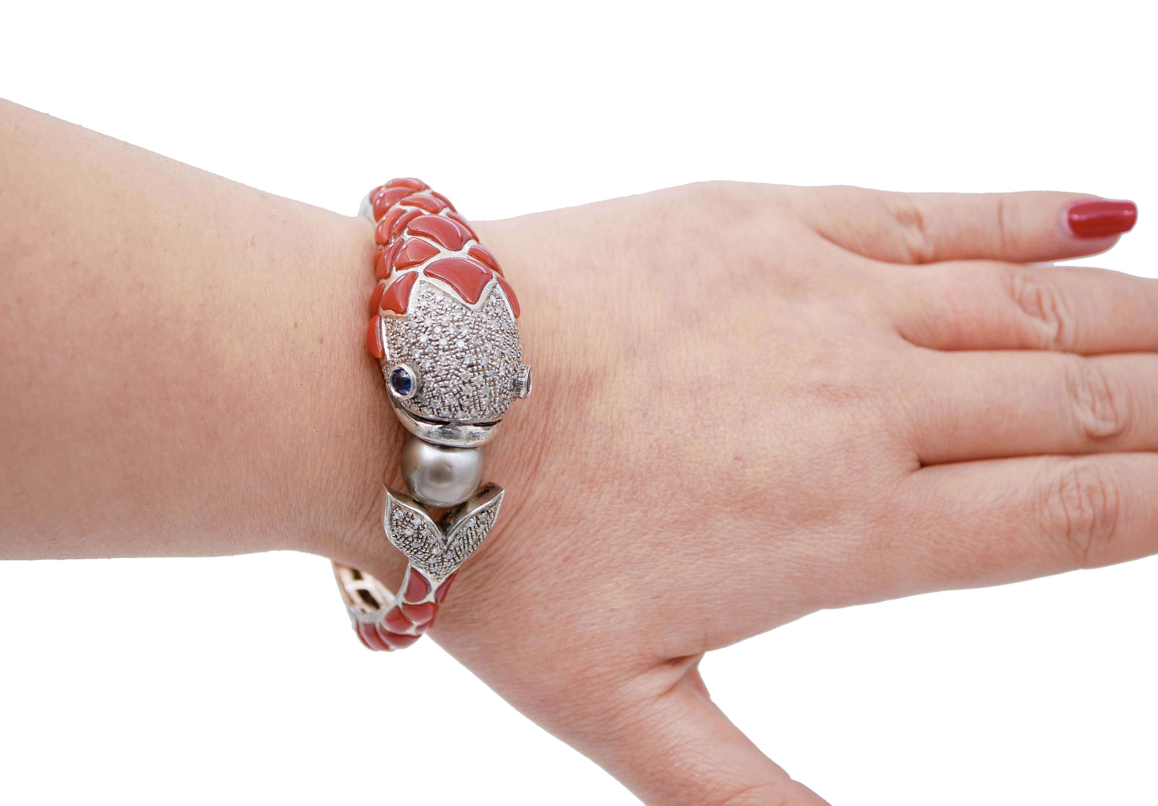 Women's Coral, Sapphires, Diamonds, Pearl, 14 Kt Rose Gold and Silver Fish  Bracelet For Sale