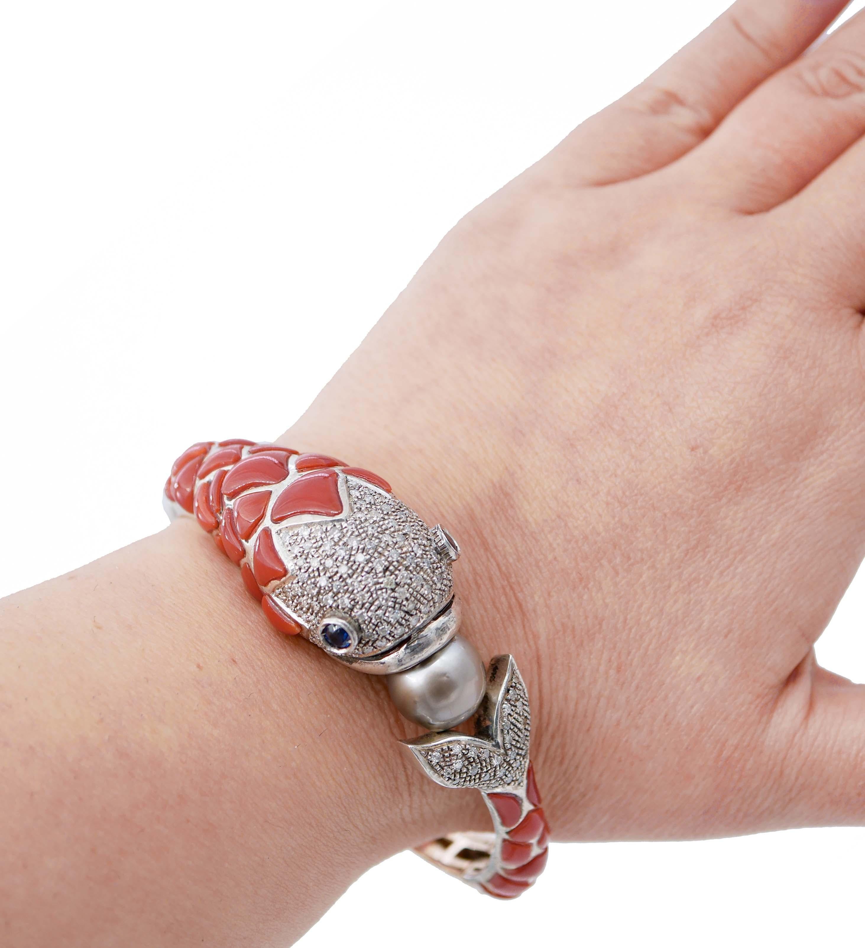 Coral, Sapphires, Diamonds, Pearl, 14 Kt Rose Gold and Silver Fish  Bracelet For Sale 1