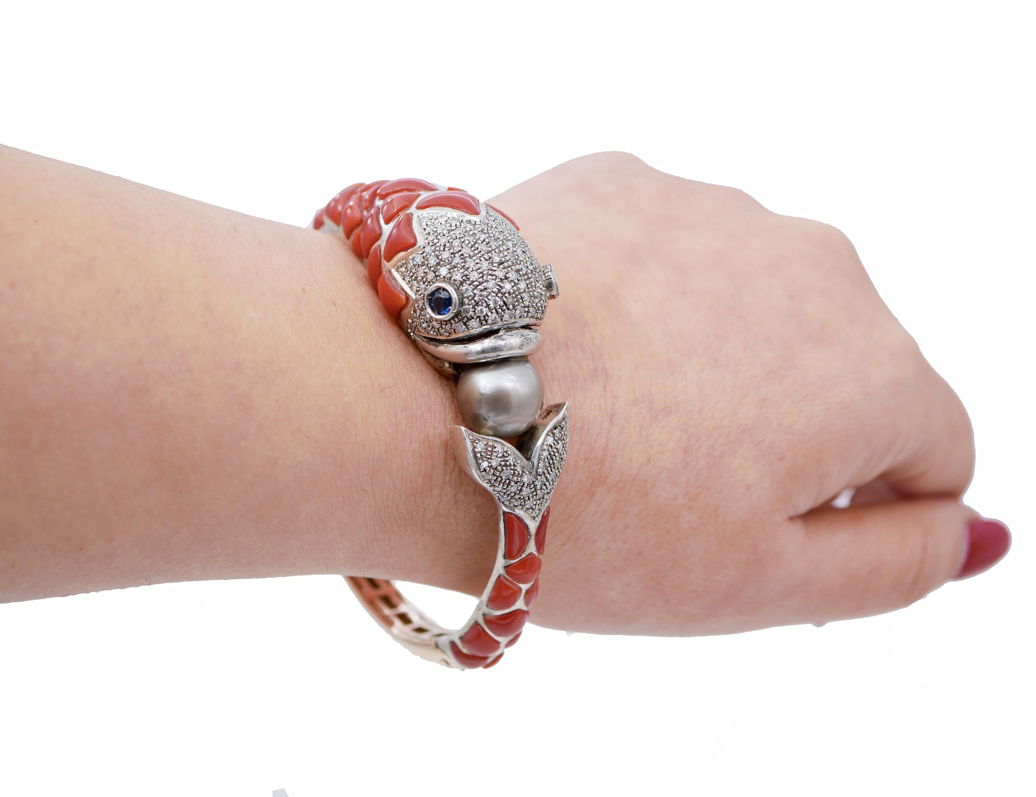 Coral, Sapphires, Diamonds, Pearl, 14 Kt Rose Gold and Silver Fish  Bracelet For Sale 2