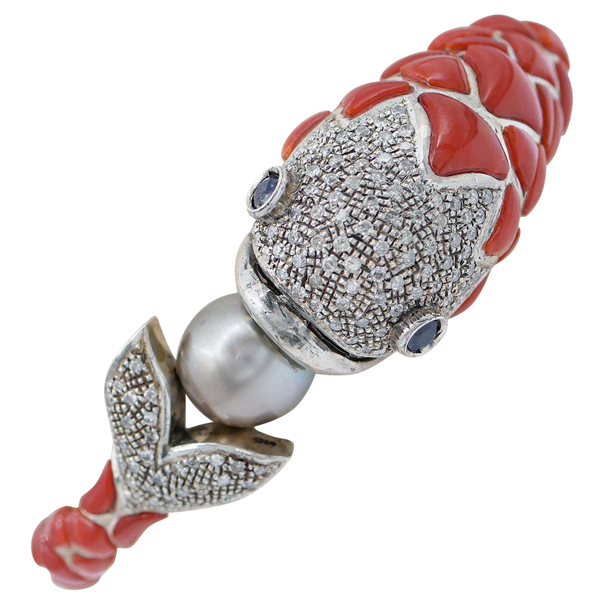 Coral, Sapphires, Diamonds, Pearl, 14 Kt Rose Gold and Silver Fish  Bracelet For Sale
