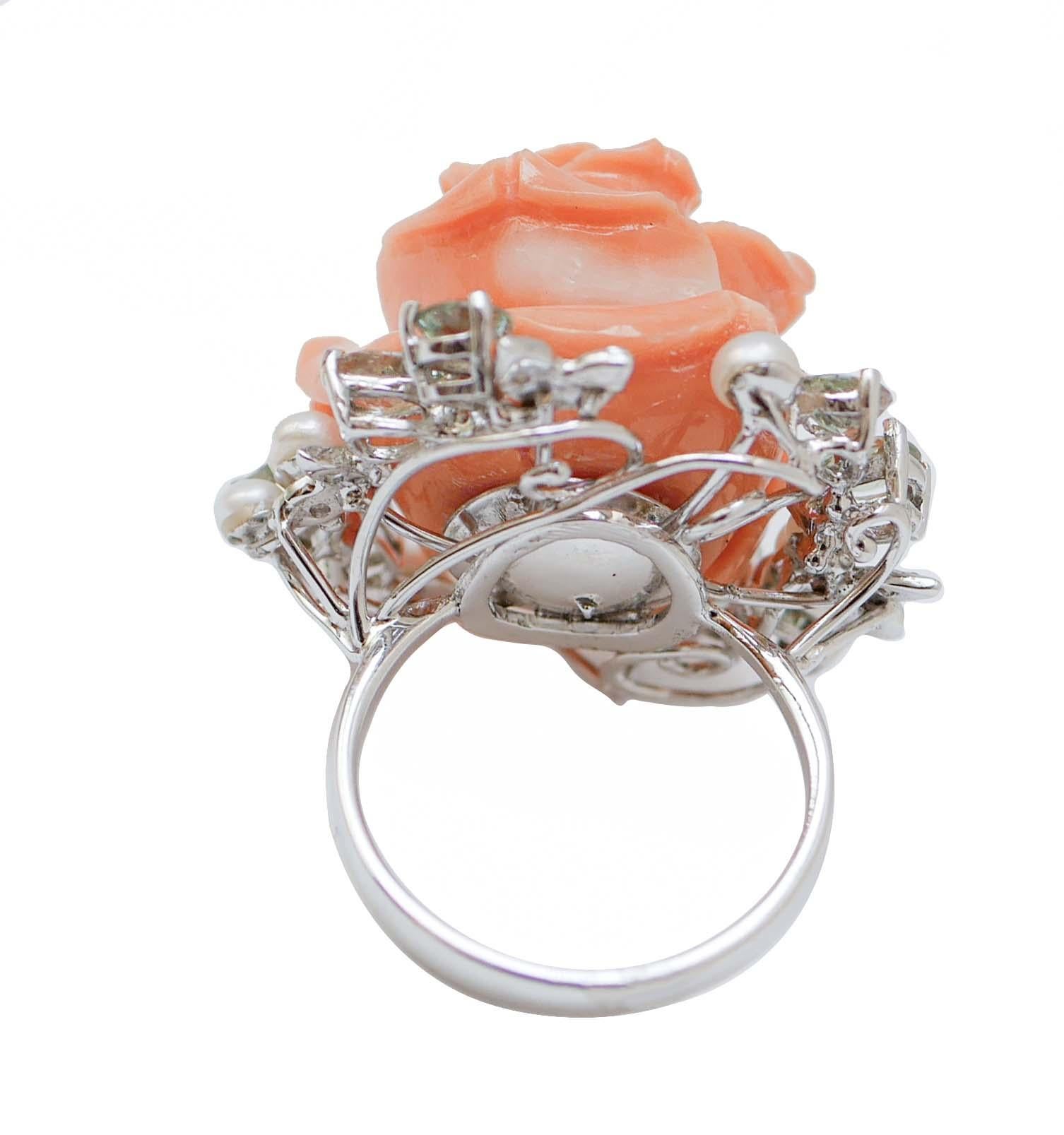 Aesthetic Movement Coral, Sapphires, Diamonds, Pearls, 14 Kt White Gold Ring.