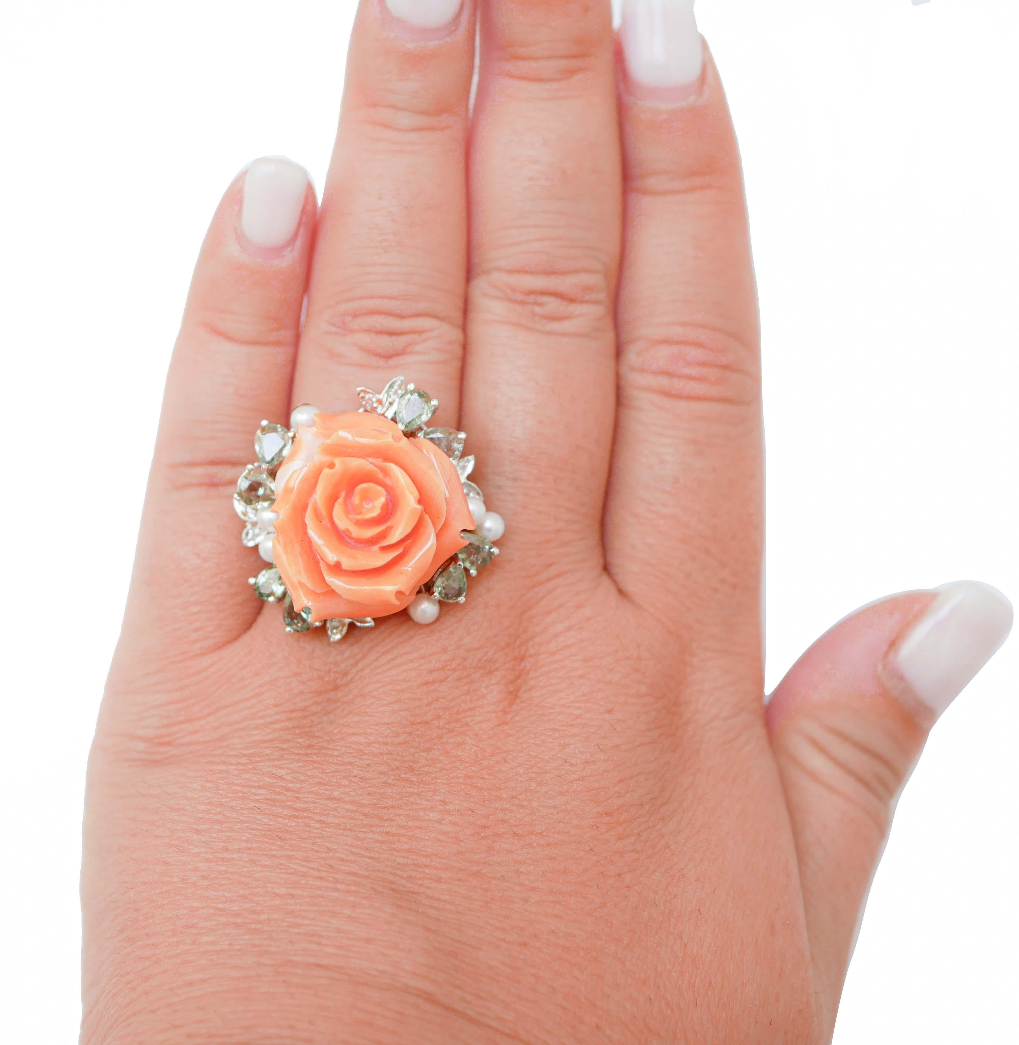 Mixed Cut Coral, Sapphires, Diamonds, Pearls, 14 Kt White Gold Ring.