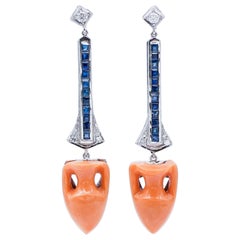 Coral, Sapphires, Diamonds, Platinum Dangle Earrings