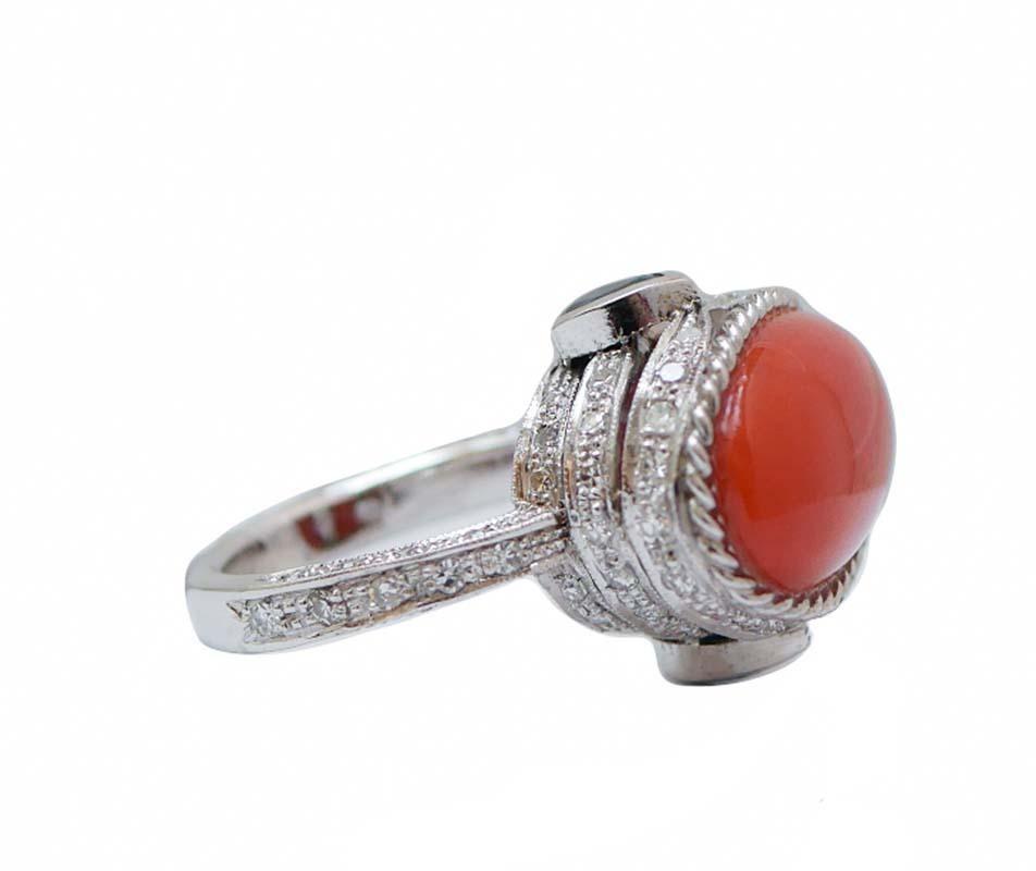 Retro Coral, Sapphires, Diamonds, Platinum Ring. For Sale