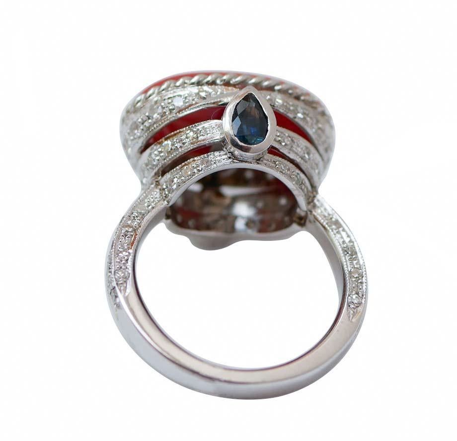 Mixed Cut Coral, Sapphires, Diamonds, Platinum Ring. For Sale