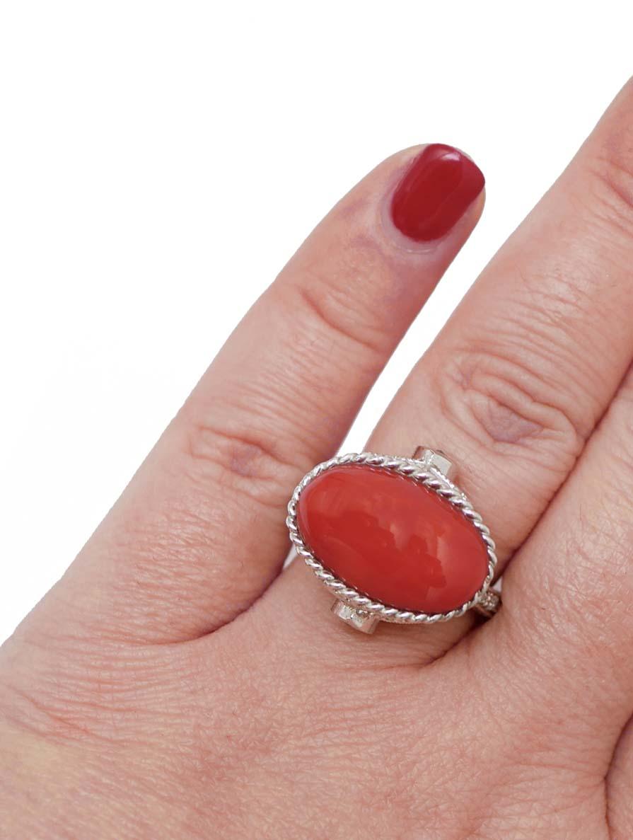 Women's Coral, Sapphires, Diamonds, Platinum Ring. For Sale