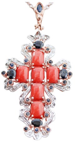 Coral, Sapphires, Diamonds, Rose Gold and Silver Cross Pendant.