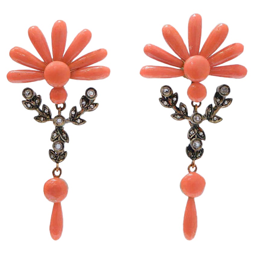 Coral, Sapphires, Diamonds, Rose Gold and Silver Dangle Earrings