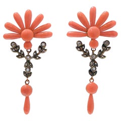 Coral, Sapphires, Diamonds, Rose Gold and Silver Dangle Earrings