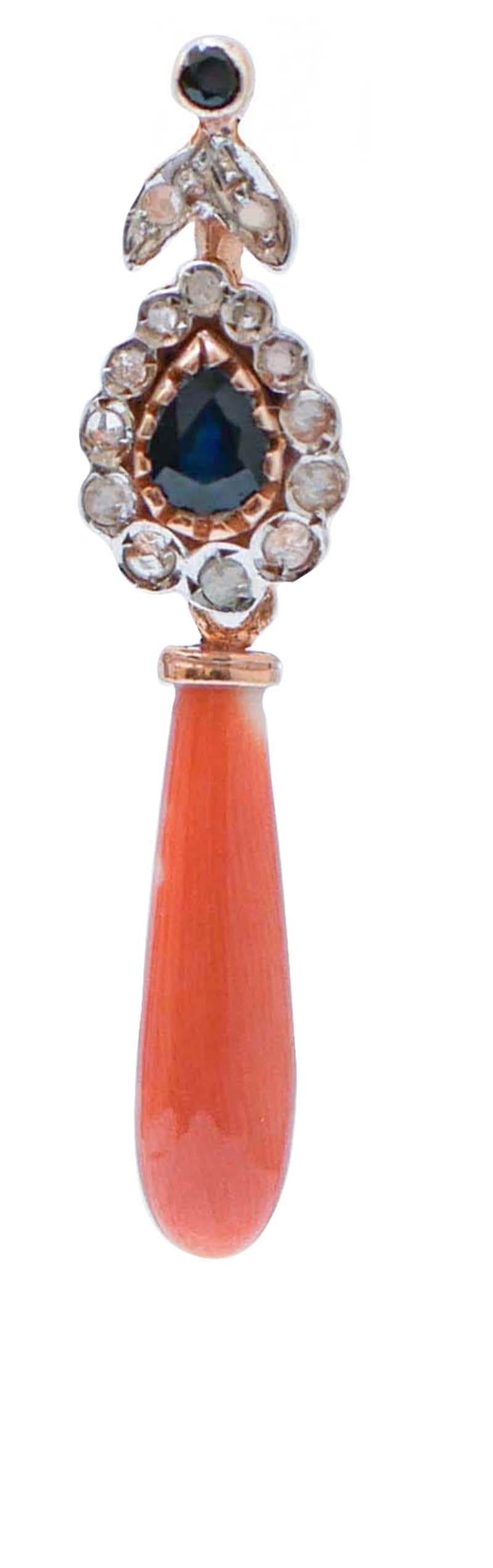 Fantastic earrings in 9 kt rose gold and silver structure mounted with sapphires and diamonds n the upper part. As pendant, a drop coral.
These earrings were totally handmade by Italian master goldsmiths and they are in perfect conditions.
Diamonds