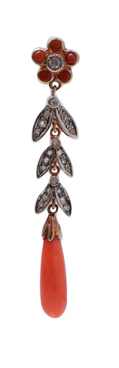 Coral, Sapphires, Diamonds, Rose Gold and Silver Earrings.