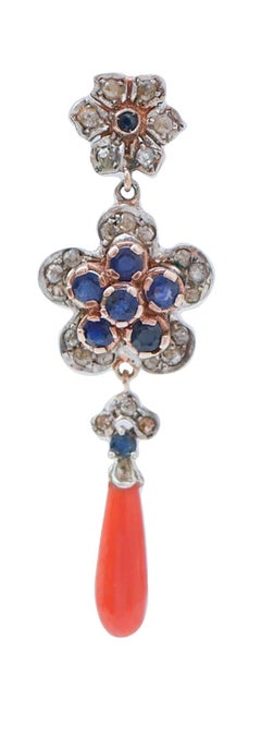 Coral, Sapphires, Diamonds, Rose Gold and Silver Earrings.