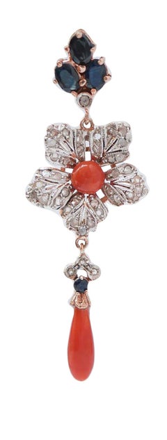 Coral, Sapphires, Diamonds, Rose Gold and Silver Earrings.