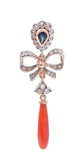 Coral, Sapphires, Diamonds, Rose Gold and Silver Earrings.