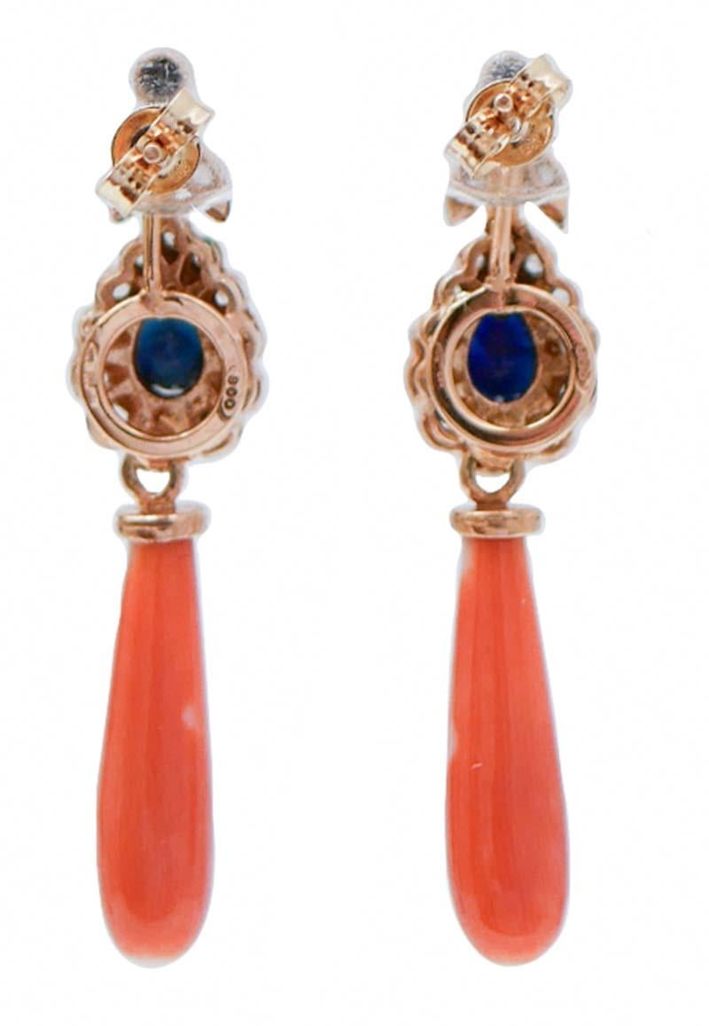 Retro Coral, Sapphires, Diamonds, Rose Gold and Silver Earrings. For Sale