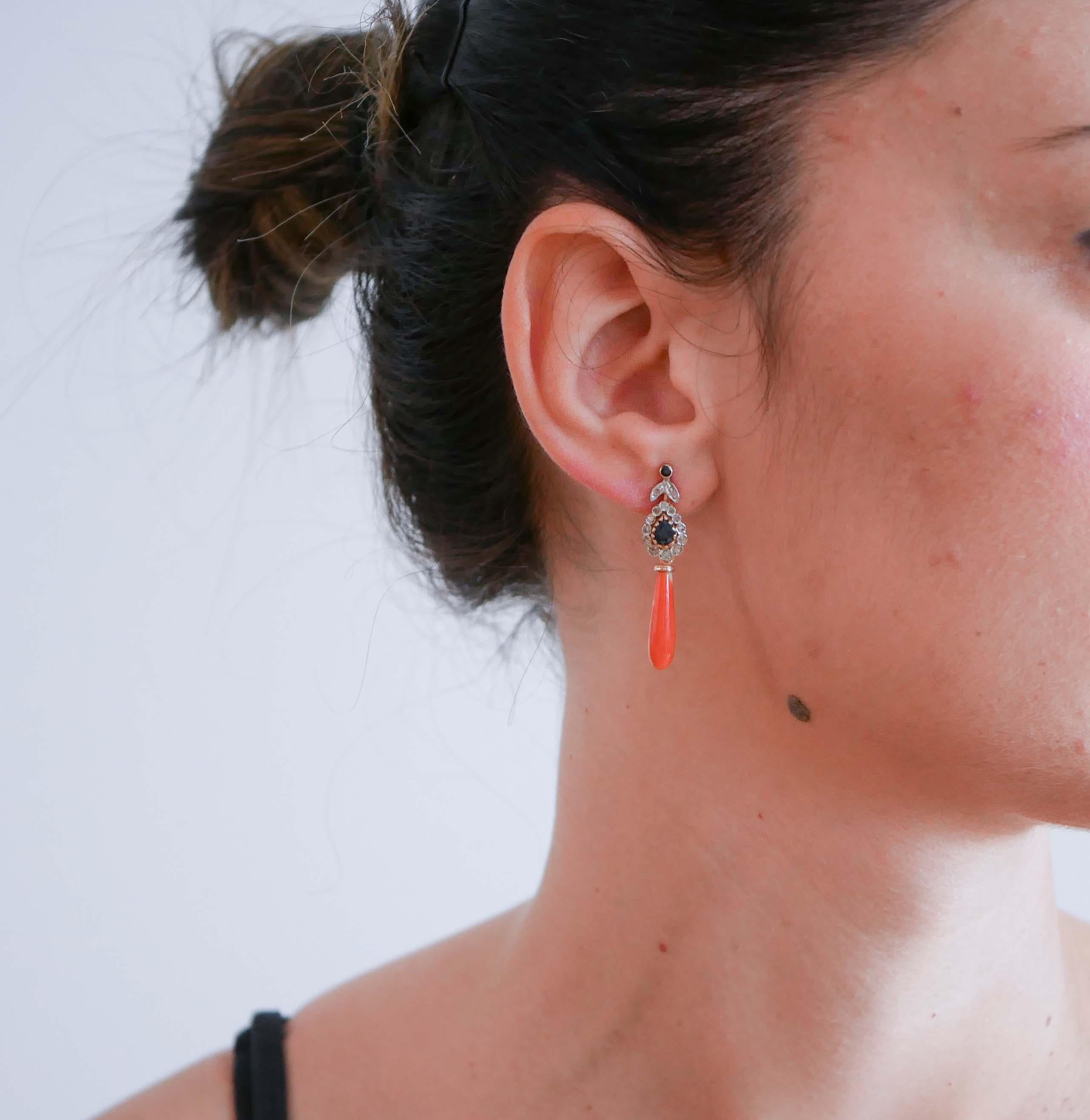 Mixed Cut Coral, Sapphires, Diamonds, Rose Gold and Silver Earrings. For Sale