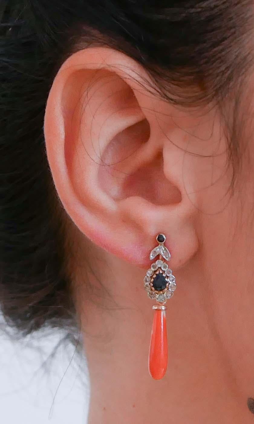 Coral, Sapphires, Diamonds, Rose Gold and Silver Earrings. In Good Condition For Sale In Marcianise, Marcianise (CE)
