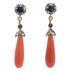Coral, Sapphires, Diamonds, Rose Gold and Silver Earrings.