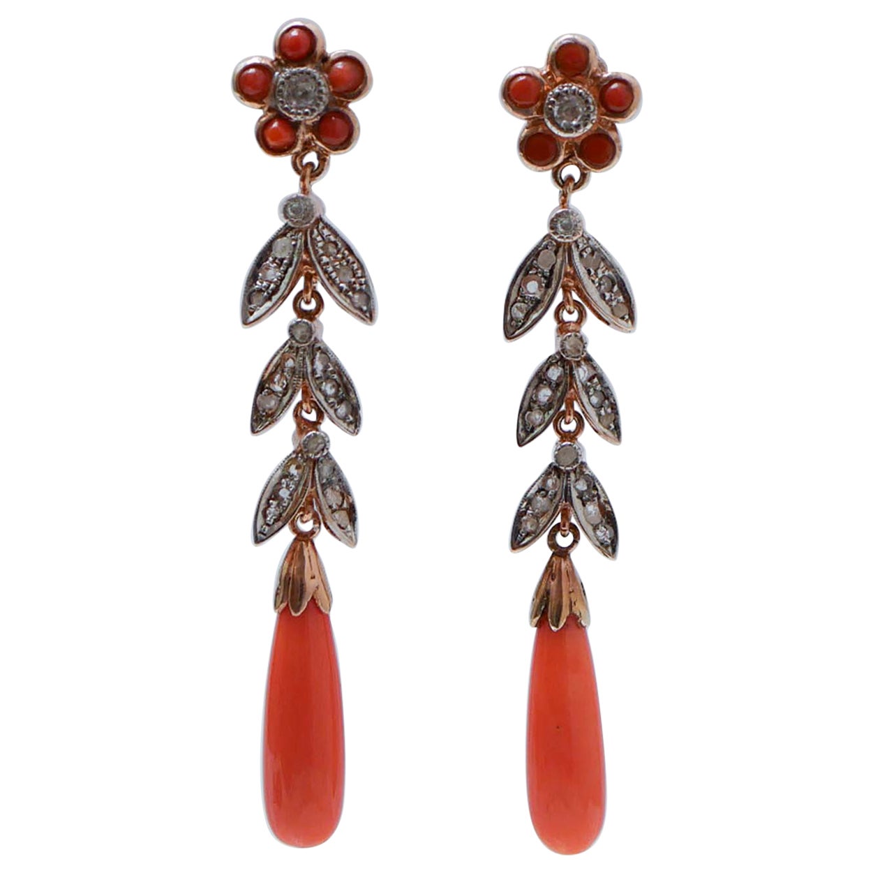 Coral, Sapphires, Diamonds, Rose Gold and Silver Earrings.