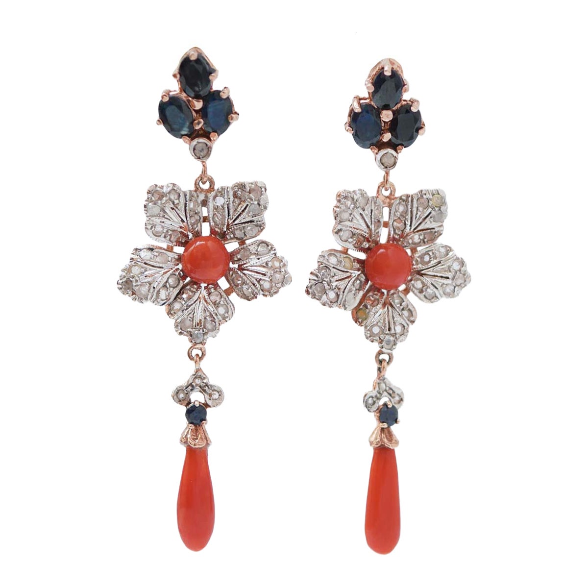 Coral, Sapphires, Diamonds, Rose Gold and Silver Earrings.