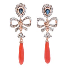 Coral, Sapphires, Diamonds, Rose Gold and Silver Earrings.