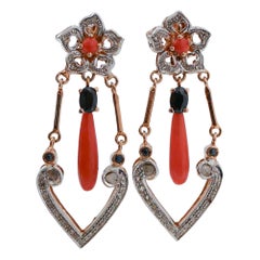 Coral, Sapphires, Diamonds, Rose Gold and Silver Earrings.