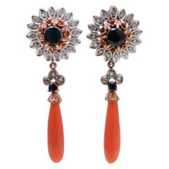 Coral, Sapphires, Diamonds, Rose Gold and Silver Earrings.