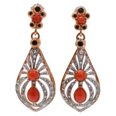 Coral, Sapphires, Diamonds, Rose Gold and Silver Earrings.