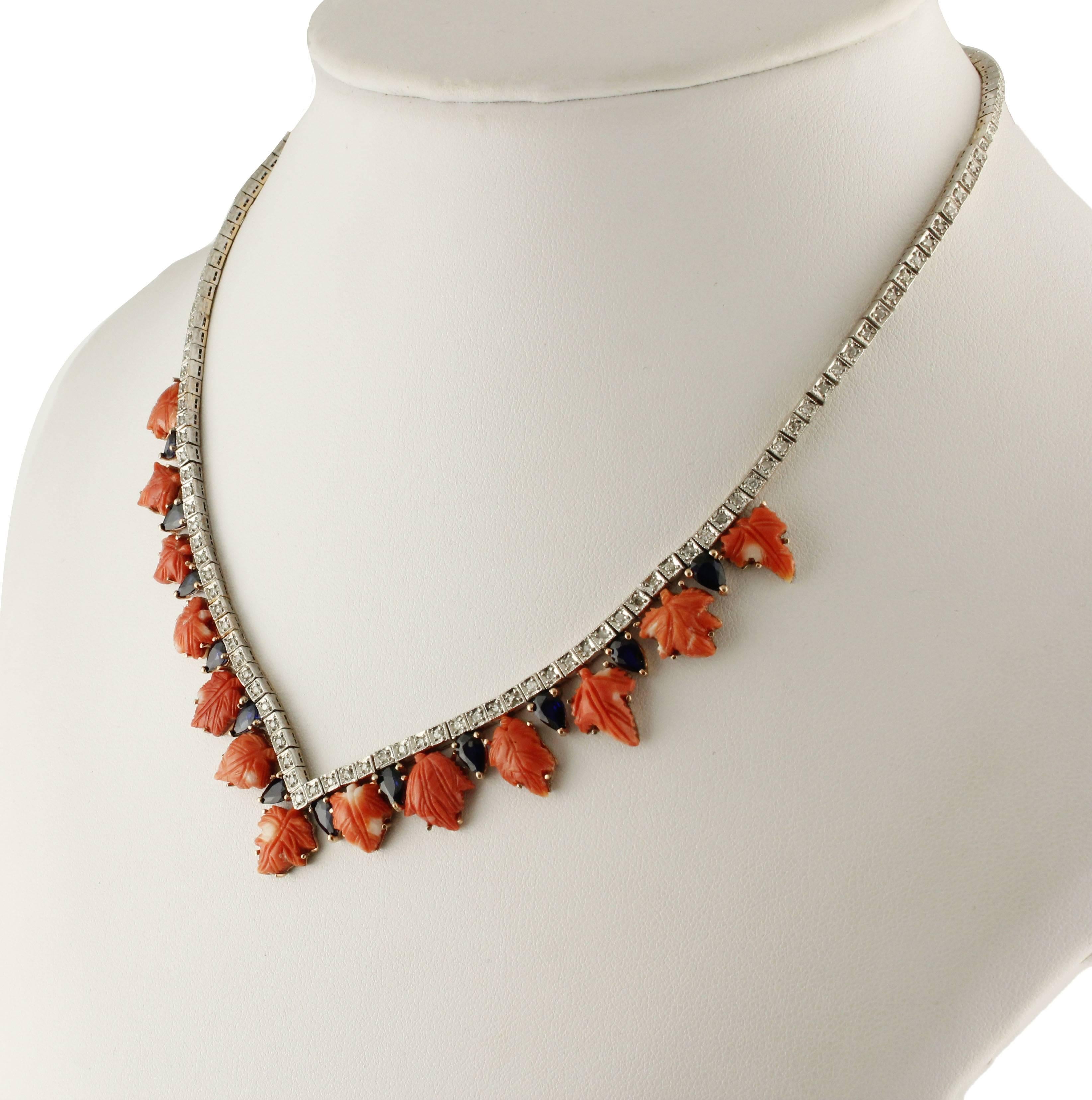 Retro Coral Sapphires Diamonds Rose Gold and Silver Necklace