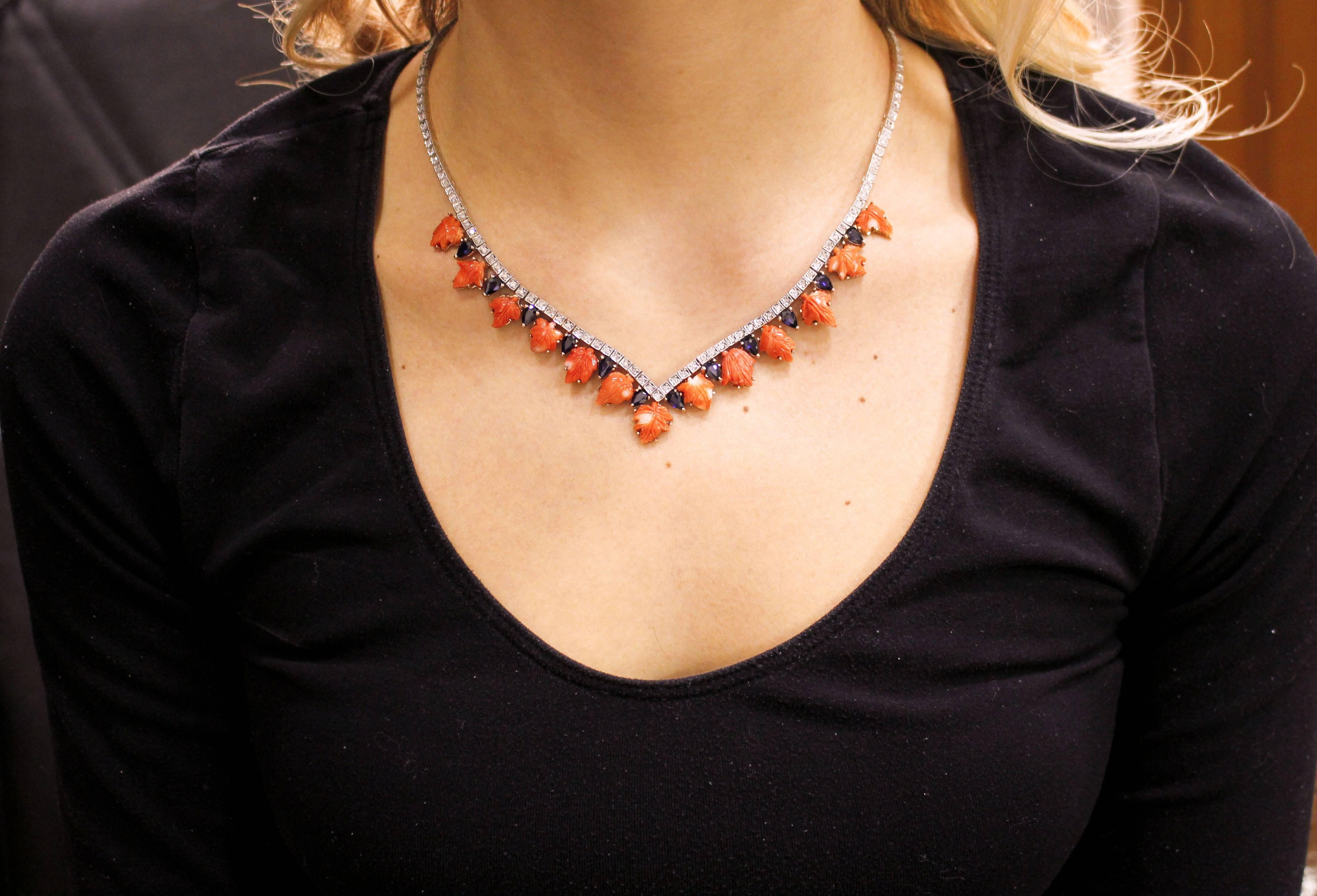 Women's Coral Sapphires Diamonds Rose Gold and Silver Necklace