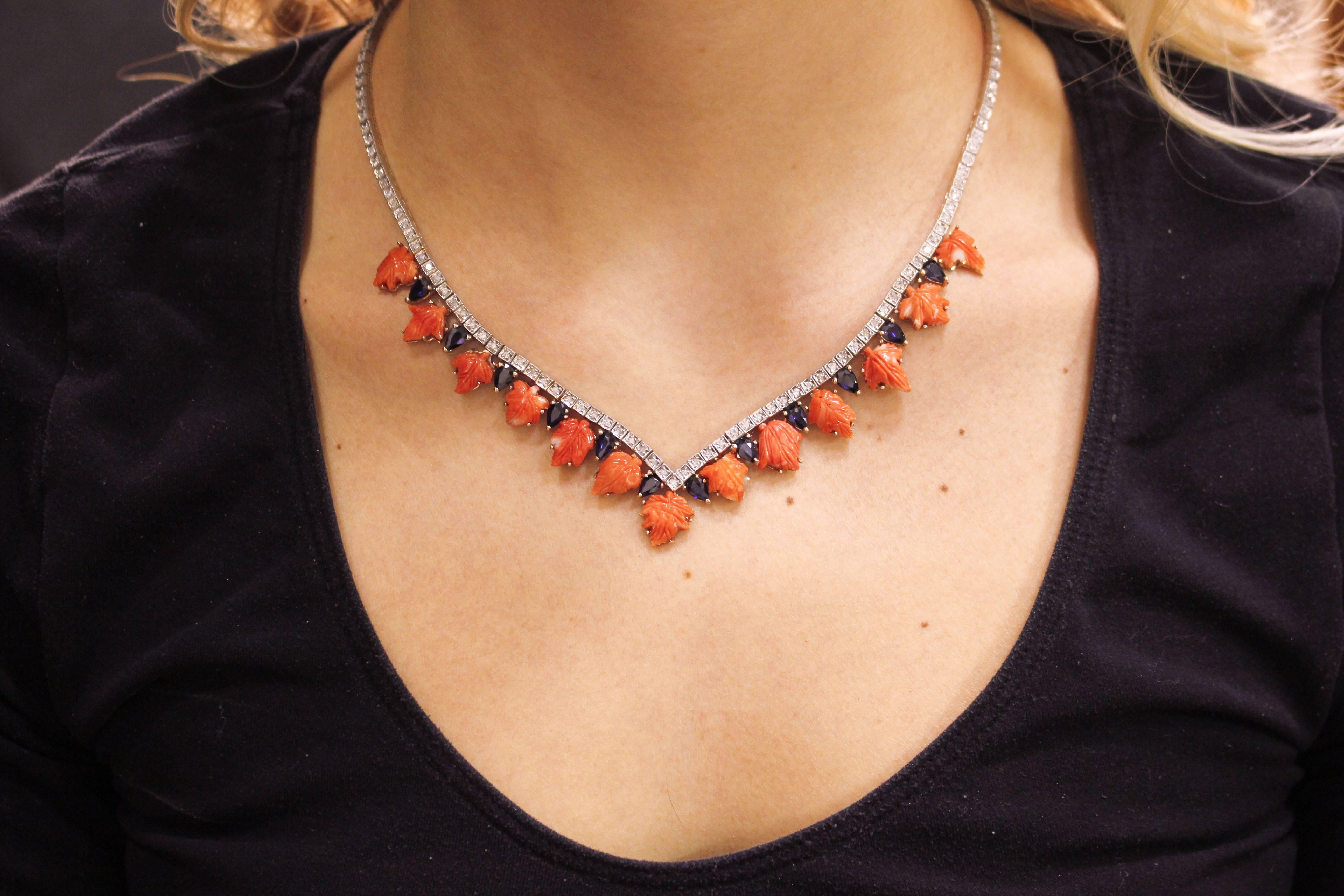 Coral Sapphires Diamonds Rose Gold and Silver Necklace 1