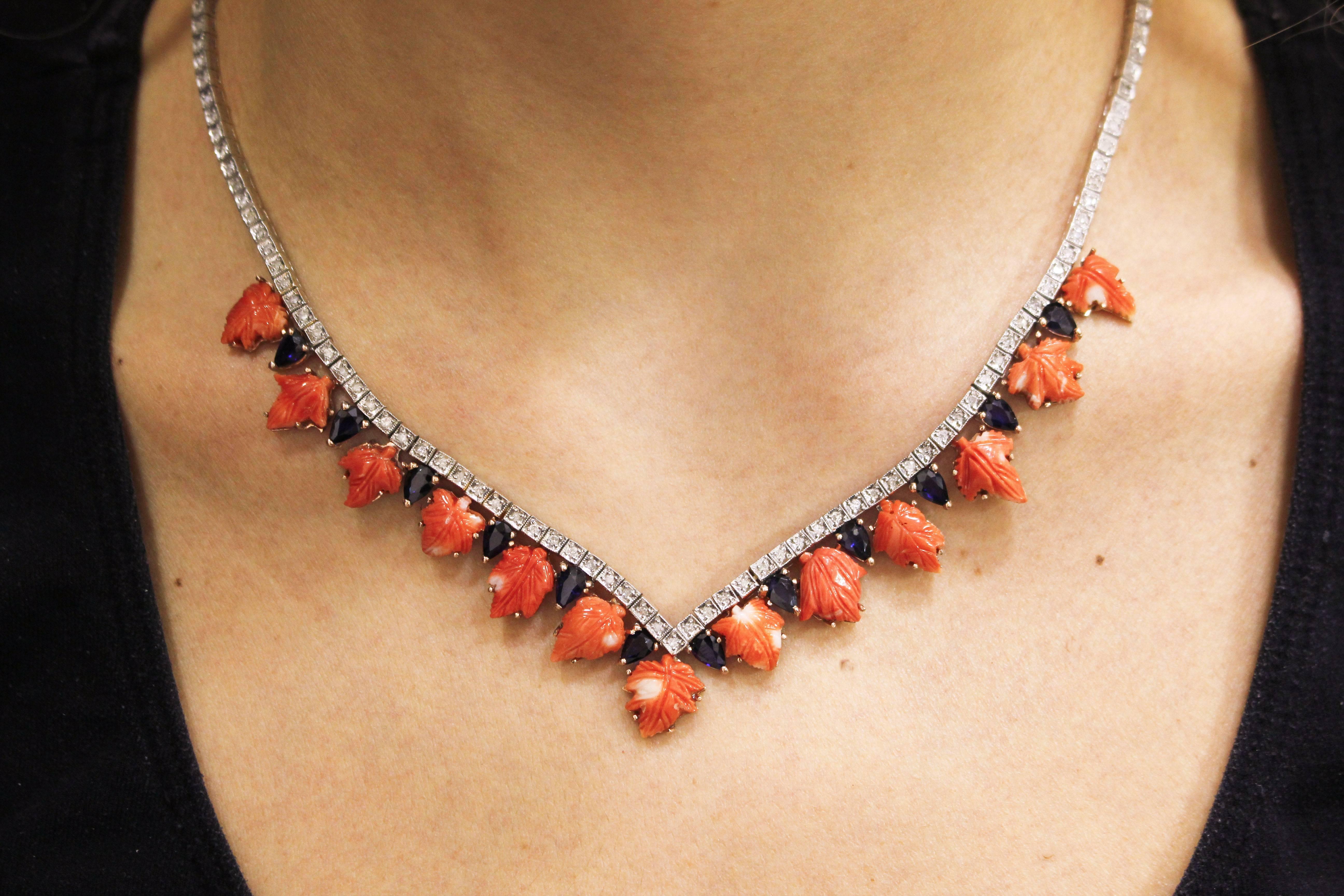 Coral Sapphires Diamonds Rose Gold and Silver Necklace 2