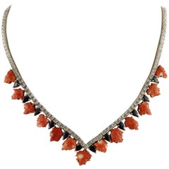 Coral Sapphires Diamonds Rose Gold and Silver Necklace