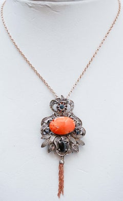 Coral, Sapphires, Diamonds, Rose Gold and Silver Pendant.