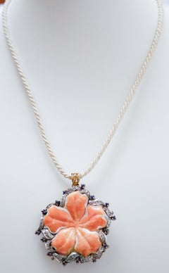 Coral, Sapphires, Diamonds, Rose Gold and Silver Pendant.