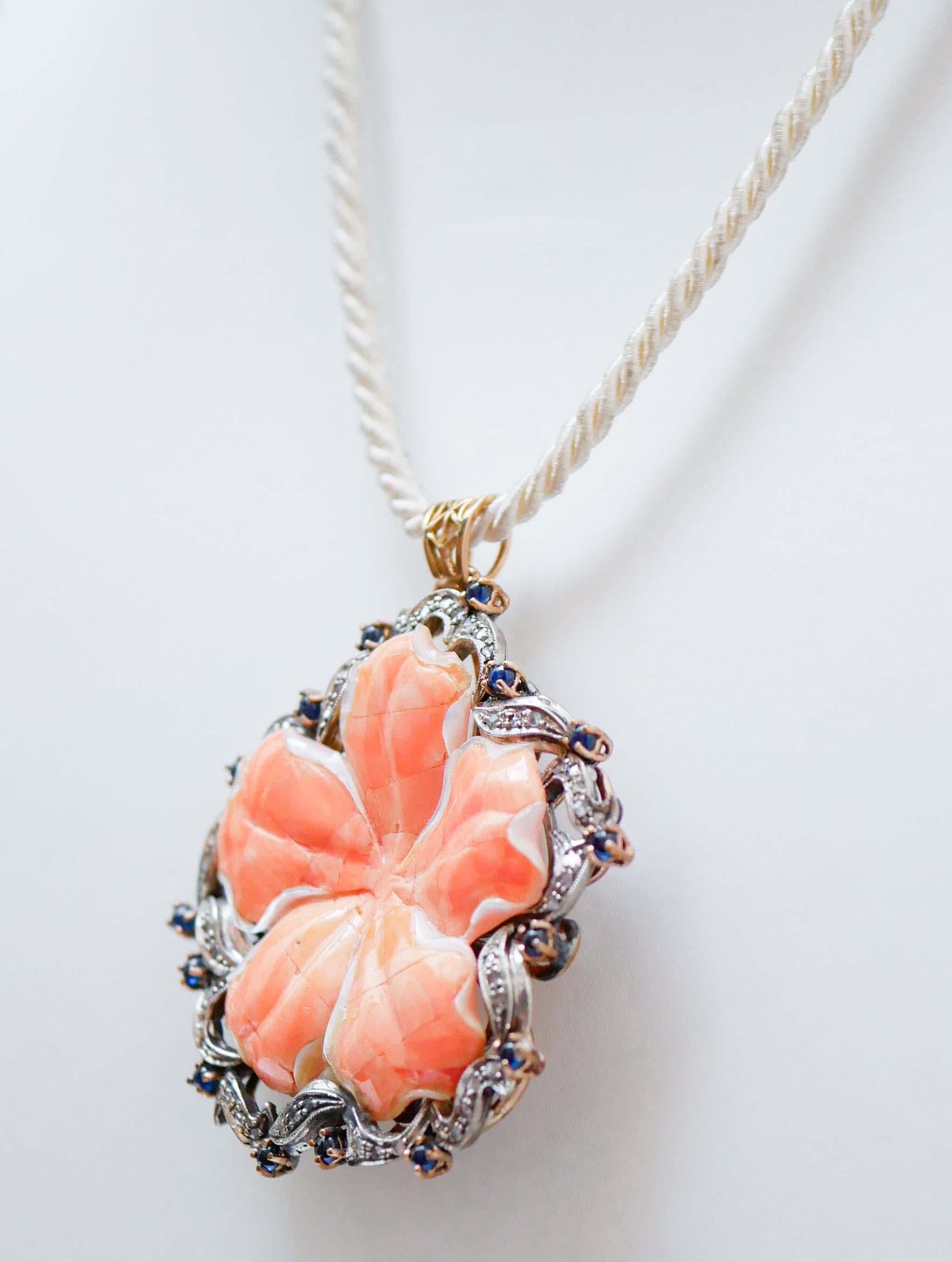 Retro Coral, Sapphires, Diamonds, Rose Gold and Silver Pendant. For Sale