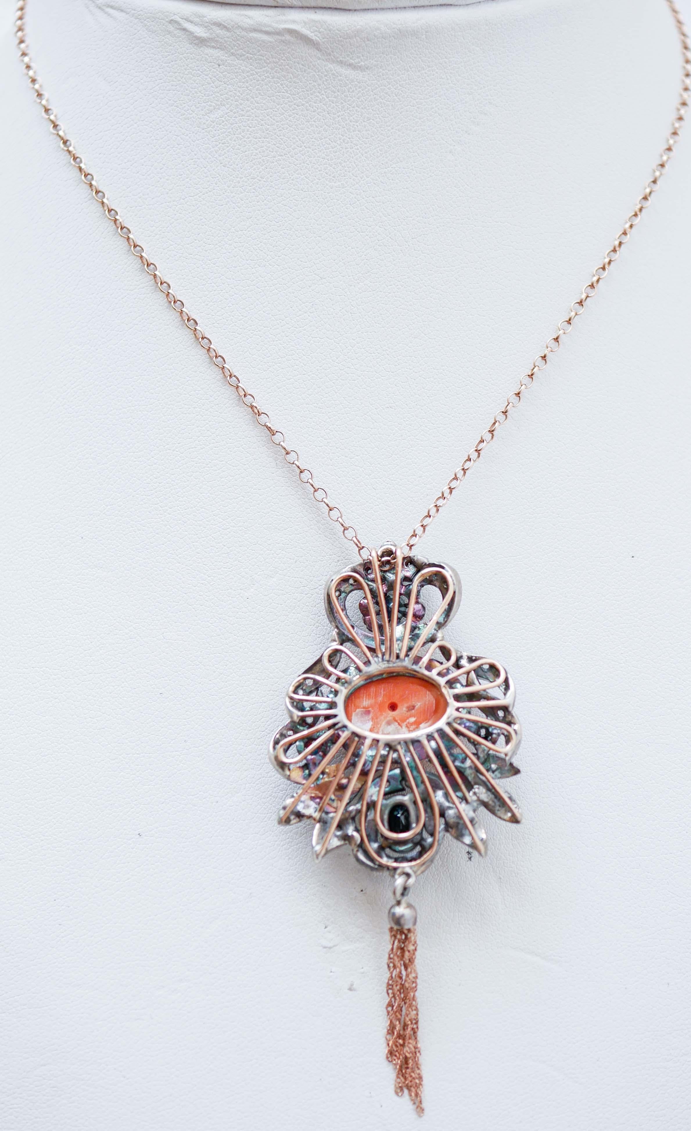 Mixed Cut Coral, Sapphires, Diamonds, Rose Gold and Silver Pendant. For Sale