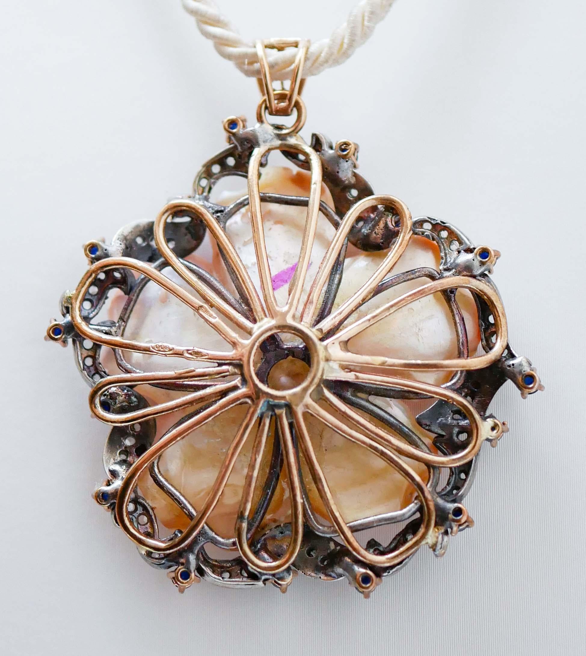 Mixed Cut Coral, Sapphires, Diamonds, Rose Gold and Silver Pendant. For Sale