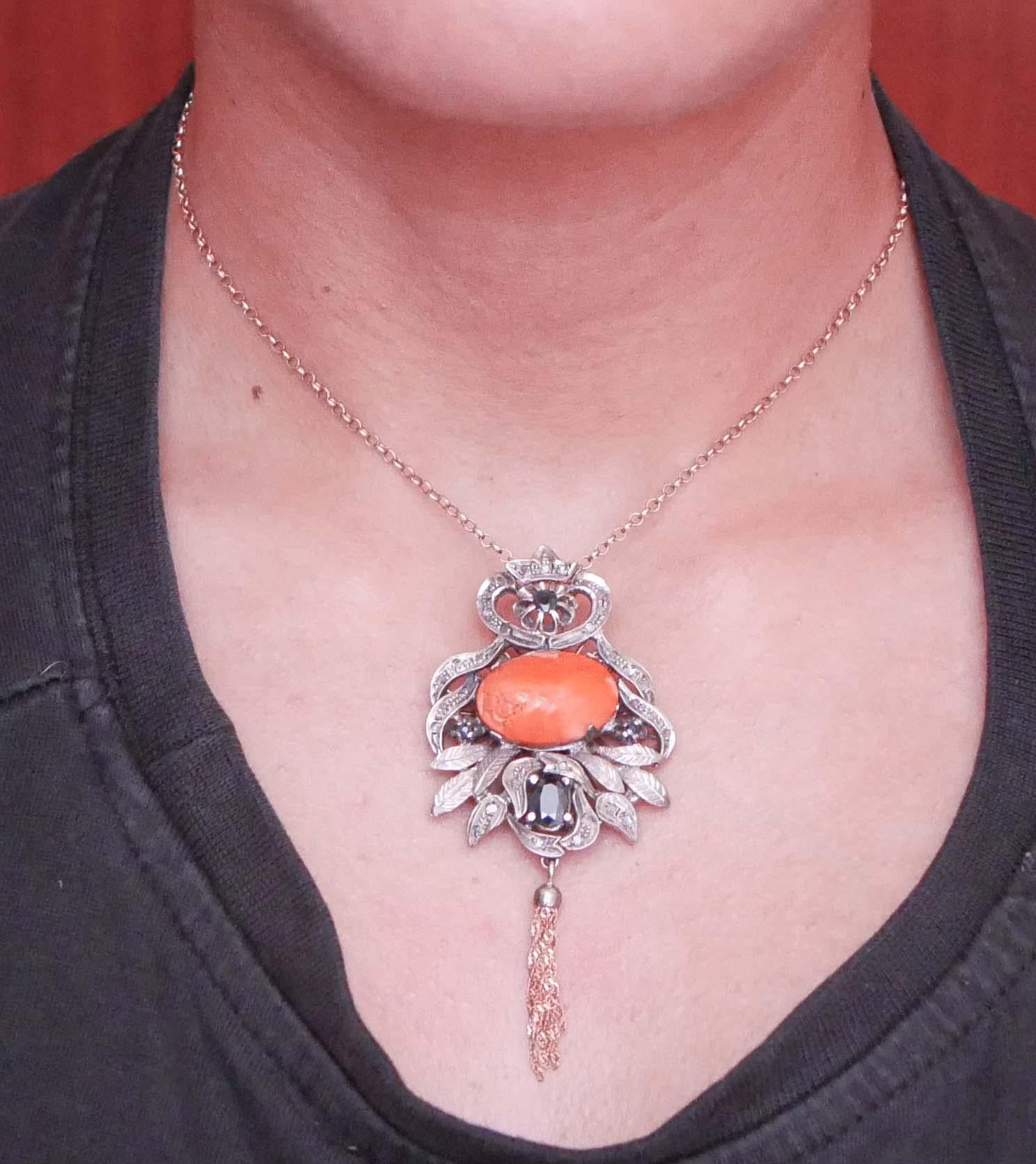 Women's Coral, Sapphires, Diamonds, Rose Gold and Silver Pendant. For Sale